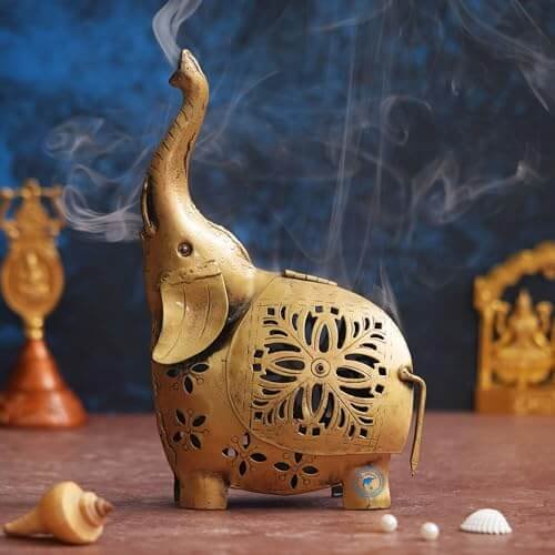 Elephant Tea Light/Dhoop Holder - Antique Gold Iron - 12.5x6x22.5cm