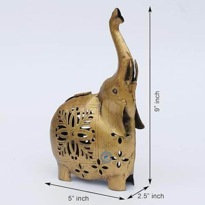 Elephant Tea Light/Dhoop Holder - Antique Gold Iron - 12.5x6x22.5cm