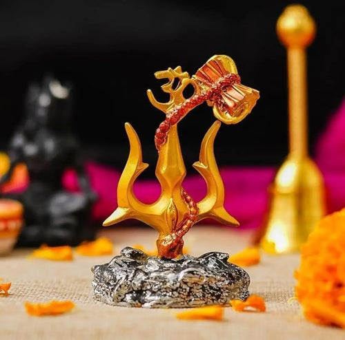 Shiv Trishul Idol with Damru – Handcrafted Golden Lord Shiva Statue for Car Dashboard, Home Temple & Meditation | Artmorra Craft