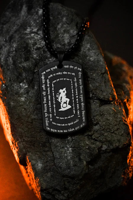 Hanuman Chalisa Tag Pendant Necklace for Men – 9 Verse Micro-Engraved Stainless Steel Locket in Gold, Black & Silver | Strength & Positivity Pendant