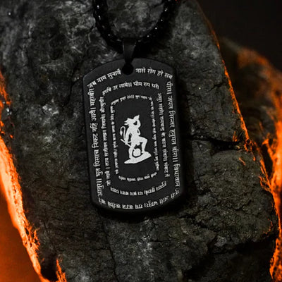 Hanuman Chalisa Tag Pendant Necklace for Men – 9 Verse Micro-Engraved Stainless Steel Locket in Gold, Black & Silver | Strength & Positivity Pendant