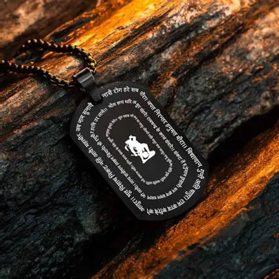 Hanuman Chalisa Tag Pendant Necklace for Men – 9 Verse Micro-Engraved Stainless Steel Locket in Gold, Black & Silver | Strength & Positivity Pendant