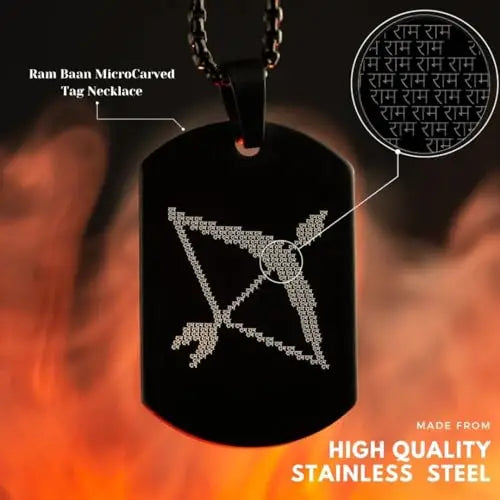 Shree Ram Baan Pendant Necklace for Men – Micro-Carved Stainless Steel Tag in Black & Silver | Divine Ram Locket with Chain