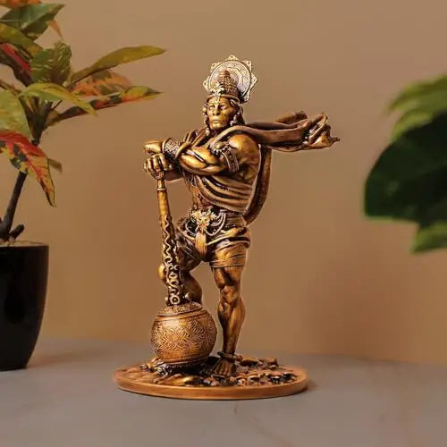 Hanuman Ji Figurine in Antique Gold Finish – Traditional Resin Idol for Car Dashboard, Home Temple & Gifting (10.9 cm) | Artmorra Crafts
