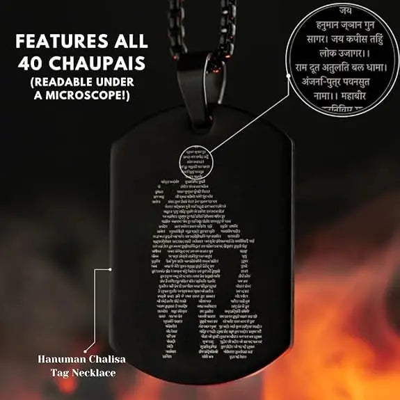 Hanuman Chalisa Micro-Carved Tag Necklace for Men – Stainless Steel Pendant with Chain in Black, Gold & Silver | Waterproof & Anti-Tarnish |
